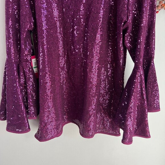 Vince Camuto Metallic Knit Flutter Sleeve Top LARGE Arresting Plum - Picture 6 of 10